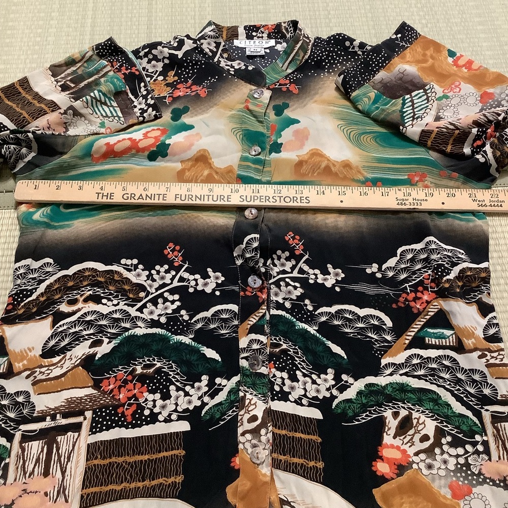 Citron Santa Monica Womens Blouse Medium Silk Asian Shirt Top Tunic Floral Japan - Picture 5 of 9
